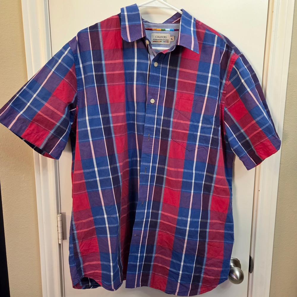 Colours Alexander Julian Mens XL Short Sleeve Plaid Button Down Shirt Red Blue